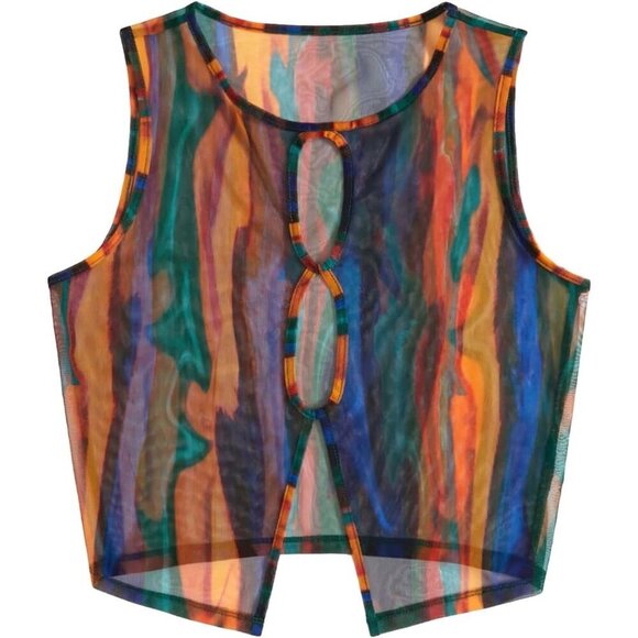 Tops - Women's Mesh Crop Tank Top Neon Rave Festival Sleeveless Crew Neck